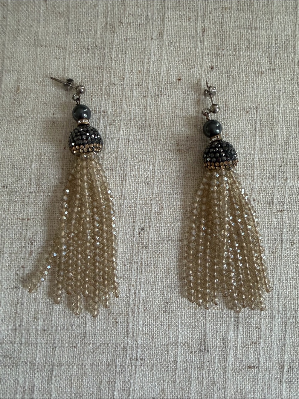 Champagne Crystal Tassel Drop Earrings with Hematite Accents